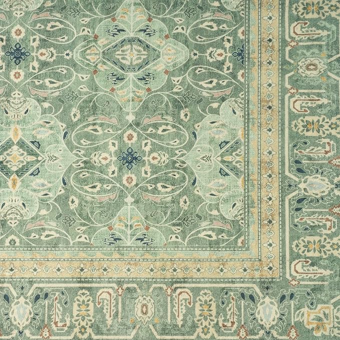 Sage Green Rugs 8x10, Washable Non Slip Area Rug for Living Room Bedroom Dining Room, Boho Floral Moroccan Pattern Printed Carpet Rug Low Pile Thin for Nursery Playroom Kids Room
