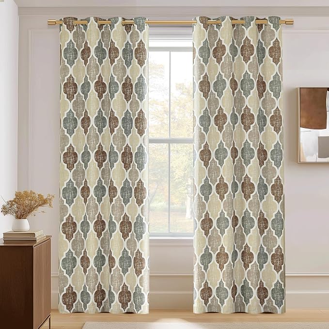 Beauoop Moroccan 100% Blackout Curtains Bedroom Brown Grey 50x96 2 Panels | Geometric Room Darkening Drapes for Living Room 96 Inch Long Thermal Insulated Soundproof Lattice Window Treatment Grommet