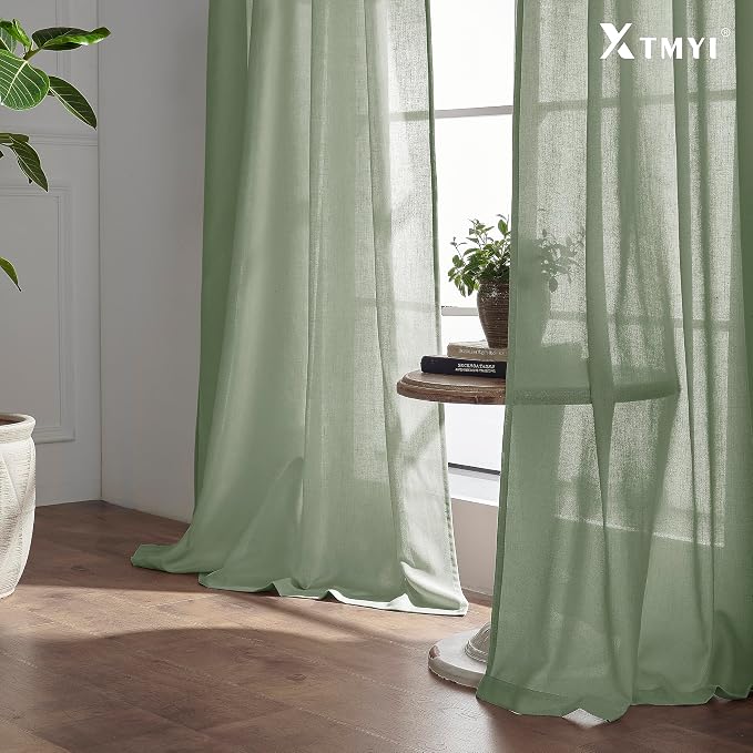 XTMYI Sage Green Country Curtains for Living Room,Sheer Linen Curtains for Bedroom 84 Inches Long,70 Inches Wide