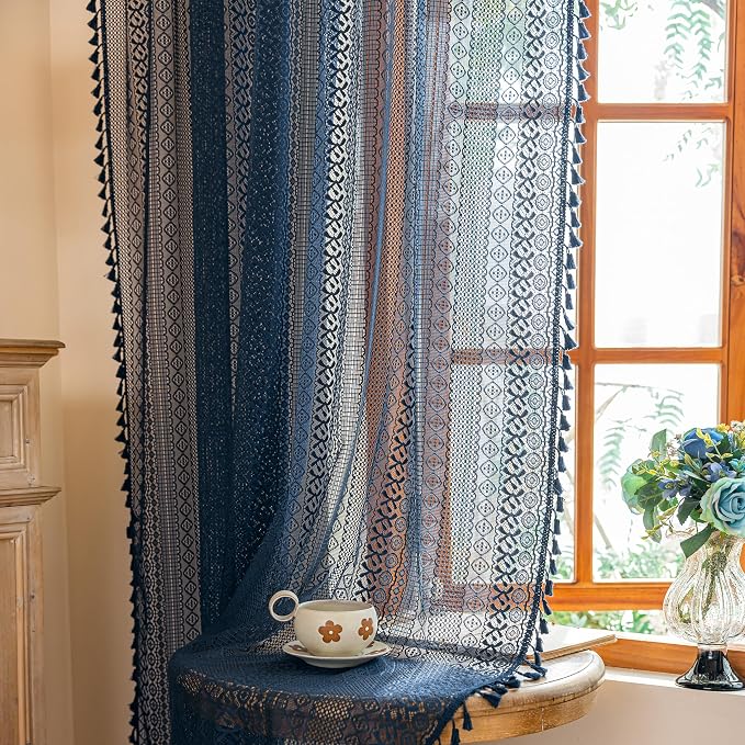 Sutuo Home Boho Lace Curtains 2 Panel Sets for Living Room Bedroom,Semi Sheer Curtains Privacy Vintage Chic Tassels Crochet Farmhouse Style Hollow Rustic Rod Pocket Festival Decor, 50" x 96" Navy Blue