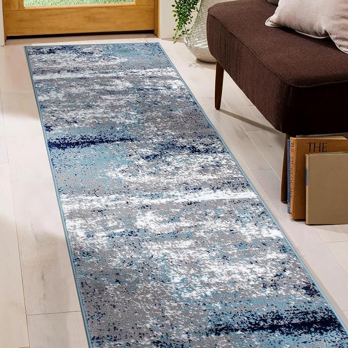 Rugshop Watercolor Distressed Modern Bohemian Runner Rug Blue 2' x 10'