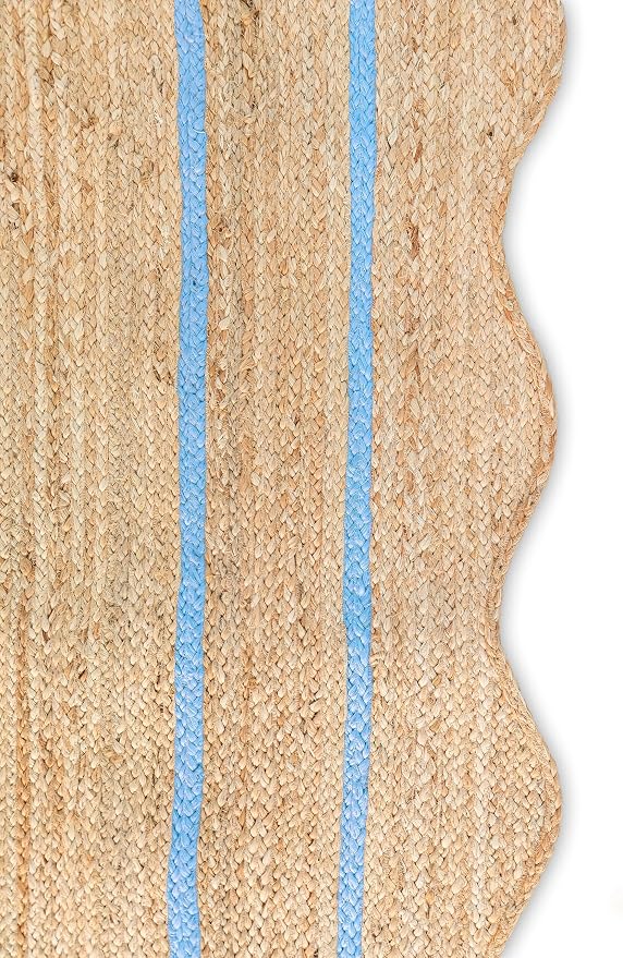 Wave Scalloped Natural Jute Rug Boho Jute Rug Entryway Runner Rug Farmhouse Scallop Rug, Sky Blue (2'x12')