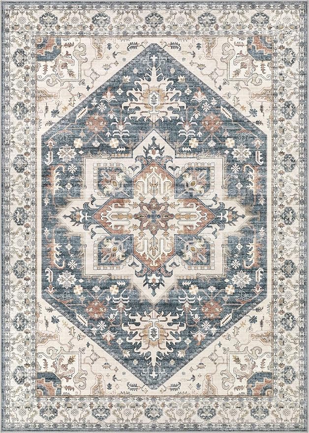 8x10 Area Rugs for Living Room - Large Carpet Ultra Thin Soft Washable Oriental Vintage Floral Distressed Rug Big Indoor Carpets for Bedroom Nursery Dorm Home Decor Aesthetic - Vintage Blue