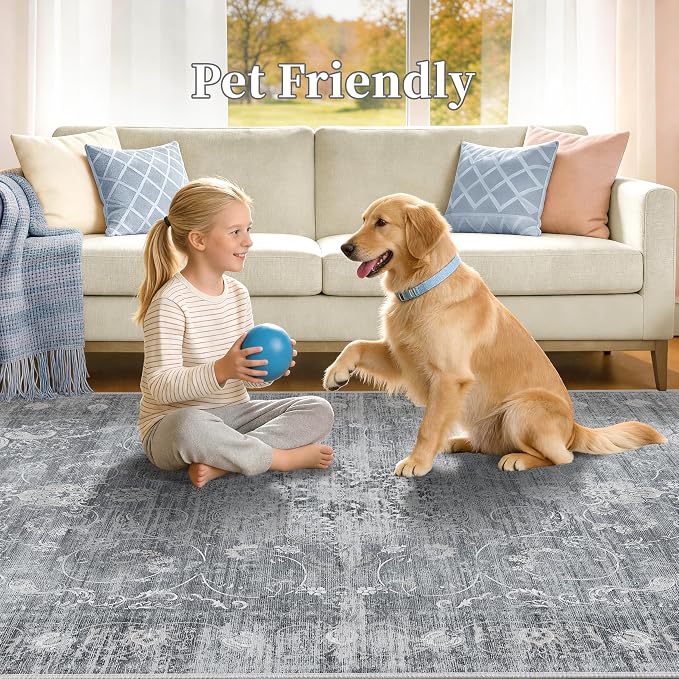 5x7 Area Rugs, Vintage Boho Carpet for Bedroom, Living Room, Gray | TTelephant Washable Low Pile Rug for Dining Roomwith Non-Slip Silicone Backing, Stain Resistant