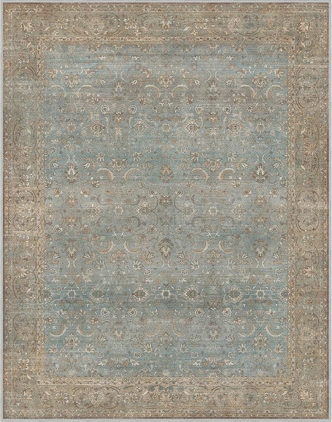 BESBLEE 8X10 Area Rugs Machine Washable Rugs for Living Room, Vintage Boho Large Rugs for Bedroom Dining Room, Non Slip Indoor Soft Distressed Lightweight Thin Low Pile Carpet, Weathered Teal