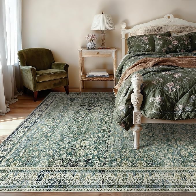 Dark Green Area Rugs 8x10 for Living Room Washable Non Slip Low Pile Blue and Green Rug Boho Vintage Floral Distressed Indoor Large Carpet for Bedroom Under Bed Dining Room Under Table 8 x 10,Teal