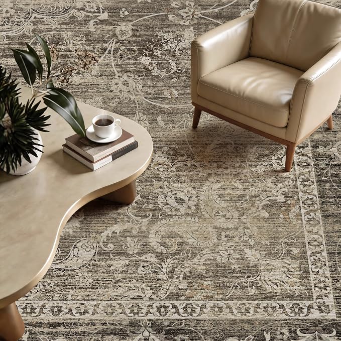Brown Living Room Rug, Thin Vintage Washable Rug 6x9 for Bedroom | for Dining Room, Low Pile Large Medallion Carpets With Non-Slip Silicone Backing, Non-Shedding Stain Resistant
