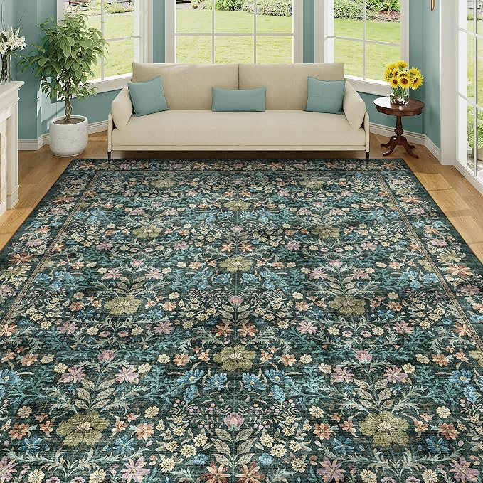 DUKINO 8x10 Area Rugs, Vintage Floral Washable Rug for Living Room, Blue | Non Slip, Low Pile, Non-Shedding, Stain Resistant, Aesthetic Soft Indoor Large Carpet for Bedroom, Dining Room, Farmhouse