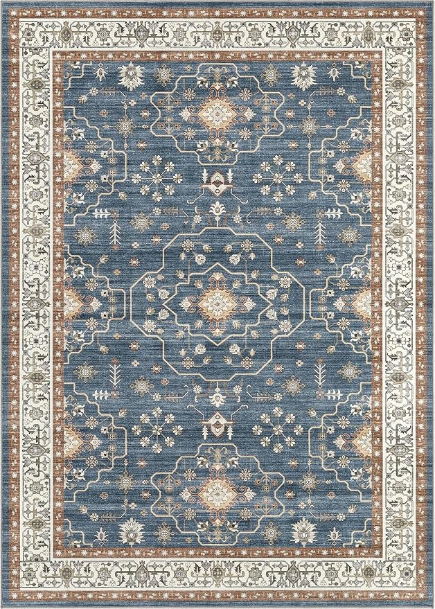 10x12 Area Rug for Living Room- Machine Washable Soft Oriental Vintage Large Indoor Floor Carpet for Bedroom Under Dining Table Home Office Decor - Dark Blue