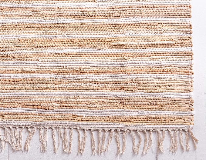 Unique Loom Chindi Cotton Collection Soft Hand Woven Natural Fiber Striped Area Rug, 2 ft 2 in x 3 ft, Beige/Ivory