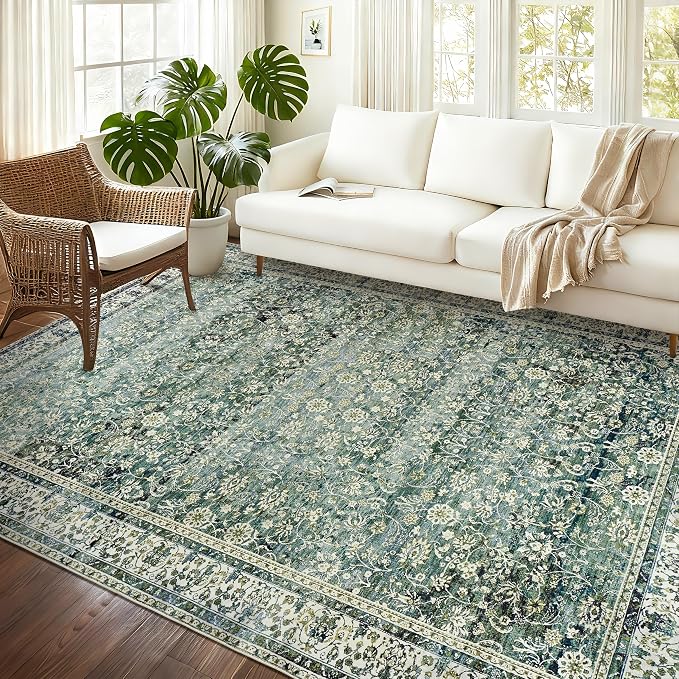 Blue and Green 5x7 Area Rugs for Living Room Christmas Low Pile Soft Moody Floral Rug with Washable Non Slip Boho Vintage Oriental Indoor Carpet for Bedroom Dining Room,5 by 7,Teal