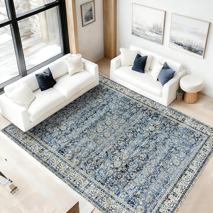 Blue Area Rugs 5x7 Vintage Boho Flower Distressed Low Pile Rug with Rubber Backing Dark Blue Non Slip Stain Resistant 5x7 Washable Rug for Living Room Bedroom Dining Room Carpet for Under Table