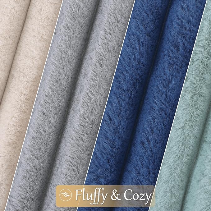 decorUhome Fall Faux Fur Throw Pillow Covers 18x18 Set of 4 Beige/Blue | Decorative Modern Farmhouse Soft Cozy Striped Pillow Cases Velvet Back for Sofa Bed Living Room Classic Accent Home Decor