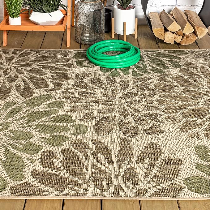 JONATHAN Y Floral Textured Weave Indoor Outdoor Area Rug 4X6 Sage/Brown, Zinnia Modern for Backyard, Patio, Porch, Easy-Cleaning, High Traffic, Pet-Friendly, Non-Shedding (SMB110A-4)