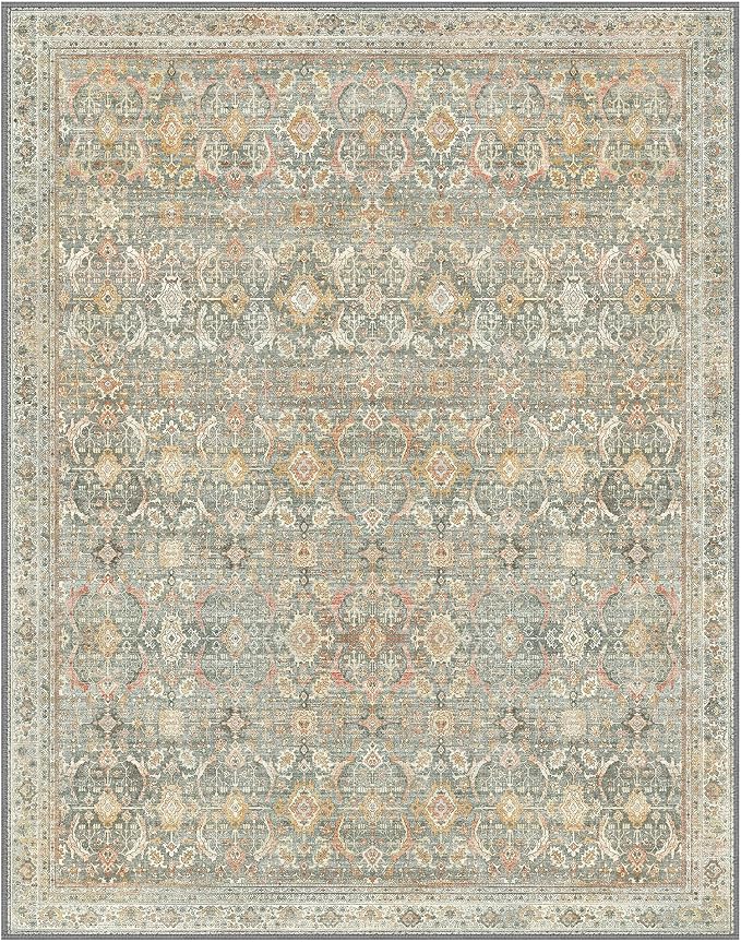 BESBLEE 10X14 Area Rugs Machine Washable Rugs for Living Room, Vintage Boho Large Rugs for Bedroom Dining Room, Non Slip Indoor Soft Distressed Lightweight Thin Low Pile Carpet, Turmeric