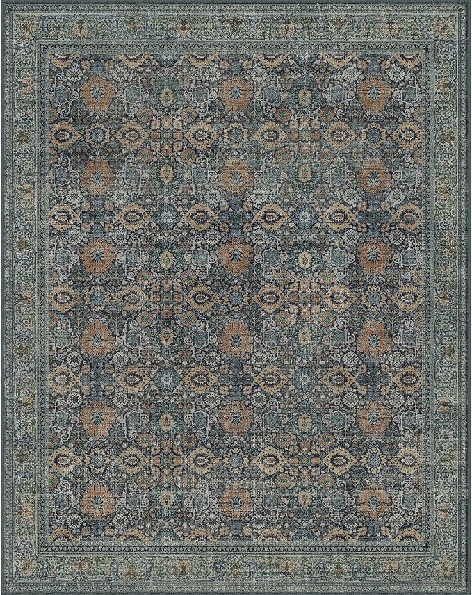BESBLEE 6X9 Area Rugs Machine Washable Rugs for Living Room, Vintage Boho Large Rugs for Bedroom Dining Room, Non Slip Indoor Soft Distressed Lightweight Thin Low Pile Carpet, Beige Blue Grey