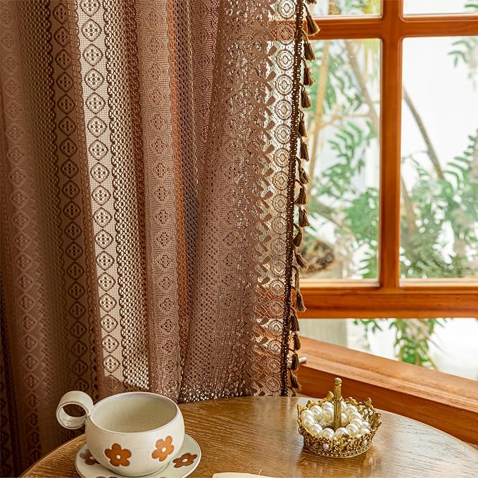 Sutuo Home Boho Lace Curtains 2 Panels Set for Living Room Bedroom,Semi Sheer Window Curtains Drape Privacy Country Vintage Tassels Victorian Style Taupe Rustic Rod Pocket Decor, 50" x 96" Dark Coffee