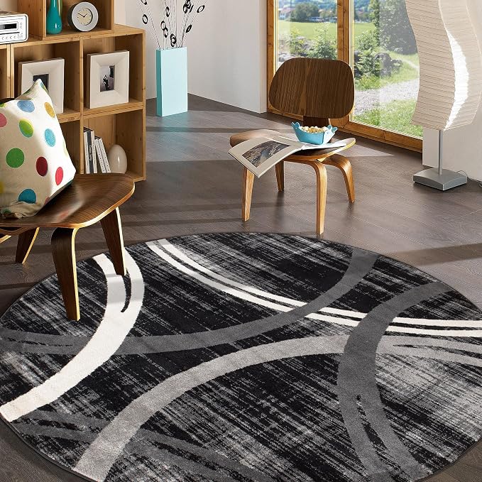 Rugshop Wavy Circles Modern Non-Shedding Living Room Round Rug Black 6'6"