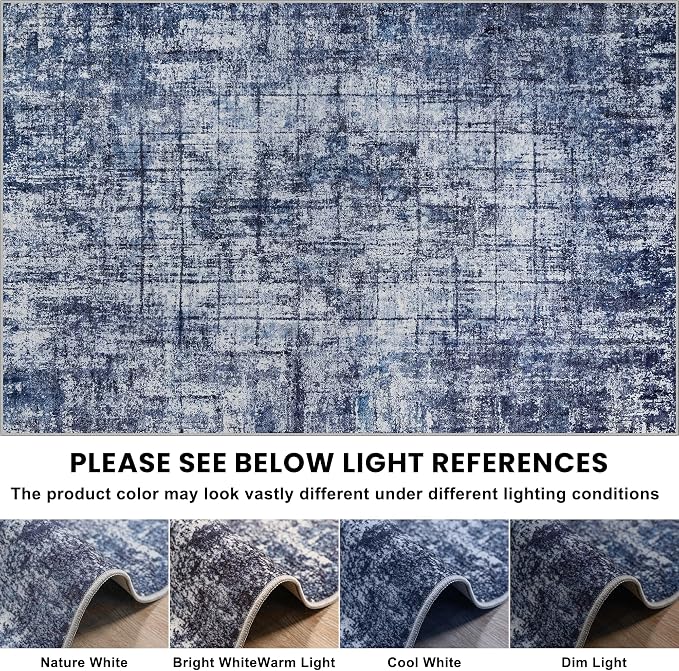 8x10 Area Rugs for Living Room Washable Rug: Anti-Skid Abstract Modern Living Room Rug Soft Thin Carpets Indoor Floor Non-Shedding Carpet for Bedroom Dining Farmhouse Nursery Navy Light Gray