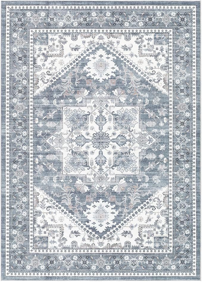 9x12 Vintage Area Rug: Washable Neutral Soft Non Slip Thin Large Floor Carpet for Living Room Bedroom Kitchen Dining Room Home Office Farmhouse Indoor - Blue