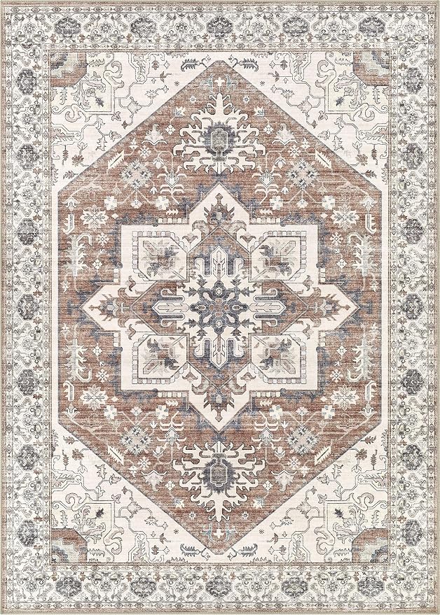 Area Rug 10x12 for Living Room - Washable Oriental Vintage Floral Distressed Large Indoor Carpets with Non Slip Back for Bedroom Dining Room Nursery Office Home Decor -Terracotta/Brown
