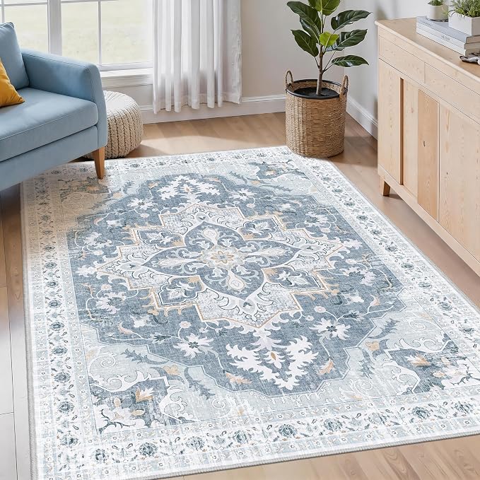 4x6 Area Rug, Soft Non-Slip Vintage Medallion Rug, Low-Pile Printed Indoor Washable Area Rugs for Living Room, Bedroom Bedside, Entryway, Kitchen -Blue/Gray | Low-Pile Printed Indoor Washable Area Rugs for Living Room, Bedroom Bedside, Entryway, Kitchen