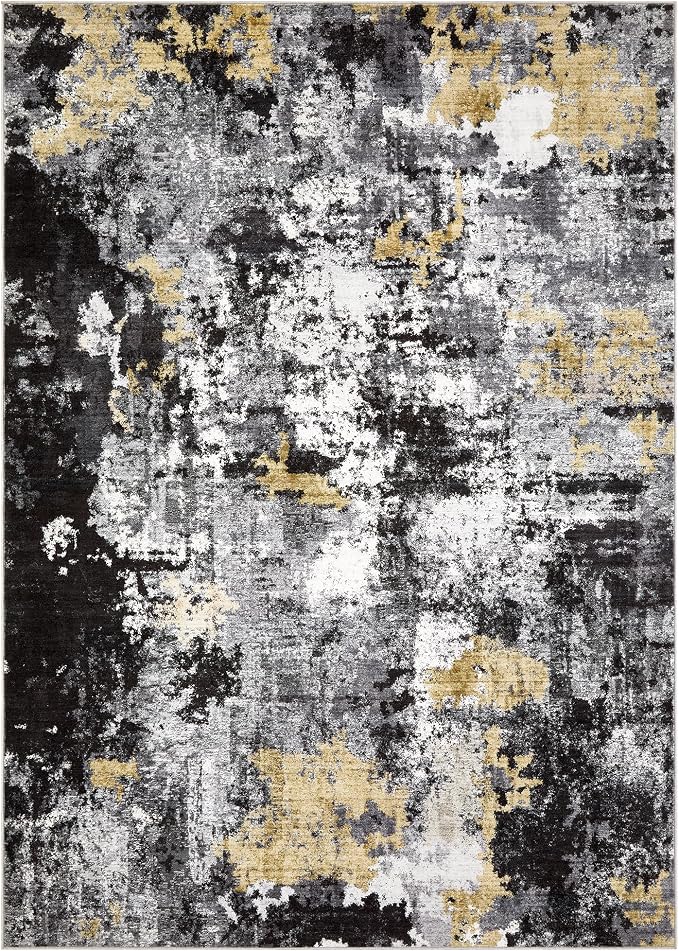 Abstract 6x9 Area Rug: Machine Washable Non Slip Ultra Thin Low-Pile Carpet, Soft Stain Resistant for Living Room Bedroom Nursery, Kid Pet Friendly, Robot Vacuum Compatible - Black Gold