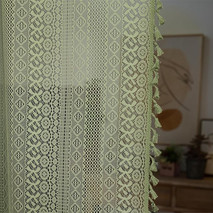 Sutuo Home Olive Green Boho Doorway Curtains for Doorway Closet, Lace Sheer Door Curtains for Front Door Crochet Vintage Tassels Bohemian Privacy Temporary Room Divider Rod Pocket,1 Panel 37" x 80"