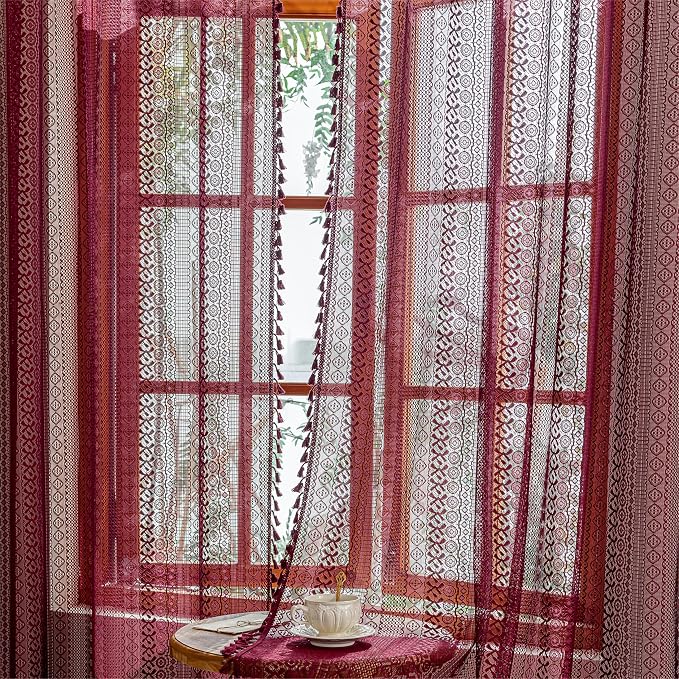 Sutuo Home Burgundy Boho Lace Curtains 96 inches long for Living Room Laundry Room, Semi Sheer Curtains Farmhouse Privacy Crochet Vintage Chic Tassels Rustic Rod Pocket Christmas Decor, 2 Panels 50" W