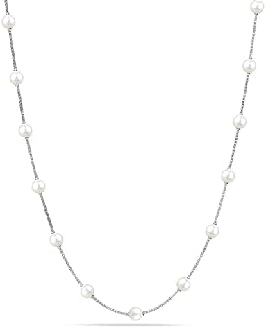 LeCalla 925 Sterling Silver Italian Simulated Pearl Station Chain Necklace for Teen and Women 16, 18, 20, 24 Inches