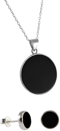 Sterling Silver 925 Black Onyx Flat Round Handmade Pendant Necklace for Women & Men - Unisex