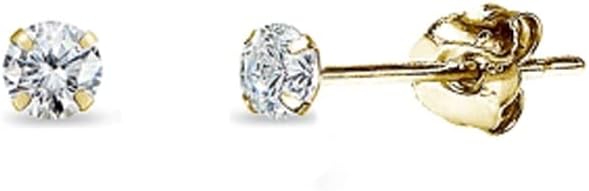 14K Gold Earrings, Round Cubic Zirconia Tiny Small Pierced Long Posts Stud Cartilage CZ Earrings for Women Men, 2mm, 3mm, 4mm, 5mm
