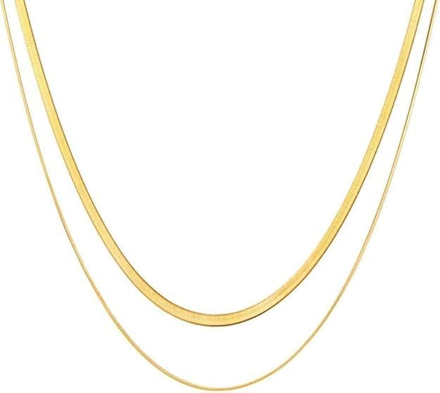 18K Gold Plated Herringbone Necklace Set for Women - Set of 2 (16"+18"),Layered Flat Snake Chain Choker-18K Gold & White Gold Tone -Tarnish Resistant Jewelry Gifts for Women/Girl