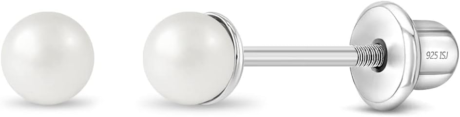 925 Sterling Silver Simulated Pearl Baby Earrings in 3mm-5mm for Toddlers & Young Girls - Hypoallergenic Safety Screw Back Earrings with White Simulated Pearls for Kids
