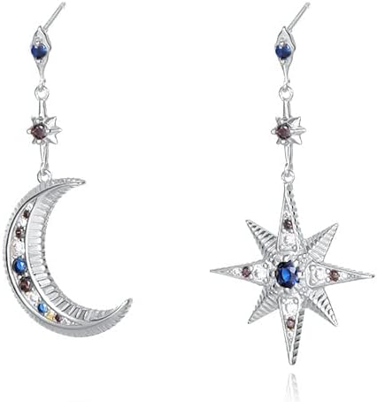 925 Sterling Silver Asymmetric Stud Earrings Colorful Zircon Star Moon Drop Earrings