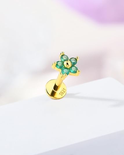 Chrysoprase Moonstone 925 Sterling Silver Hypoallergenic Flat Back Stud Earring Internally Threaded 16G 8mm Fine Piercing Jewelry for Helix Tragus Conch Cartilage Lip