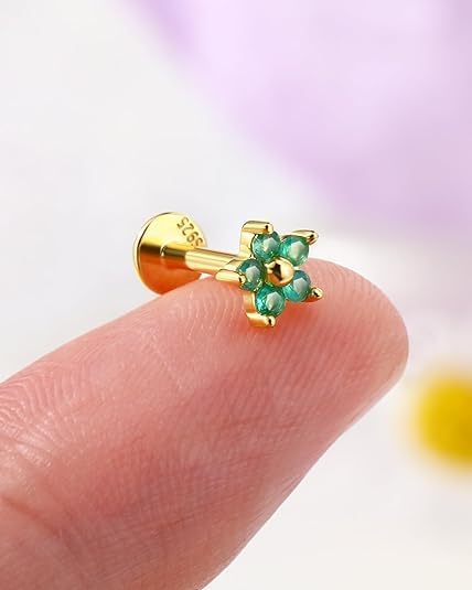 Chrysoprase Moonstone 925 Sterling Silver Hypoallergenic Flat Back Stud Earring Internally Threaded 16G 8mm Fine Piercing Jewelry for Helix Tragus Conch Cartilage Lip