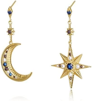 14K Gold Moissanite Moon Star Drop Earrings,Dainty Moon Star Asymmetrical Style Dangle Earrings,Fashion Jewelry Gift for Her