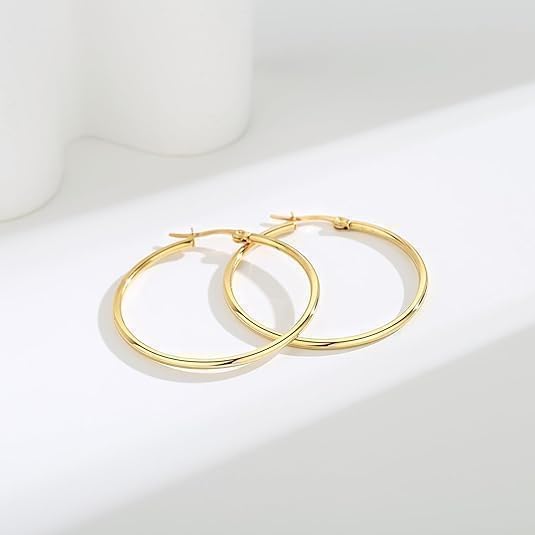 14K Gold Hoop Earrings for Women Gold Earrings Classic Shiny Polished Round Hoop Earrings for Everyday Essential