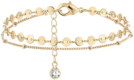 Dremmy Studios Gold Bracelet for Women 18K Gold Plated Dainty Paperclip Cubic Zirconia Disc Coin Star Cable Satellite Bead Pearl Simple Boho Minimalist Stacking Layered Link Jewelry Gift