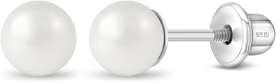925 Sterling Silver Simulated Pearl Baby Earrings in 3mm-5mm for Toddlers & Young Girls - Hypoallergenic Safety Screw Back Earrings with White Simulated Pearls for Kids