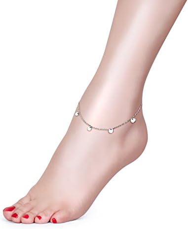 Anklet for Women S925 Sterling Silver Beach Style Foot Layered Adjustable Ankle Bracelet Disc Evil Eye Heart Infinity Bead Cross Jewelry