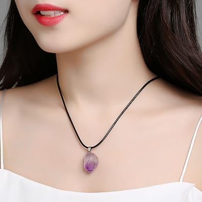 Purple Natural Amethyst Raw Stone Pendant Necklace for Women Men Raw Amethyst Pendant Crystals Necklaces Reiki Meditation Therapy
