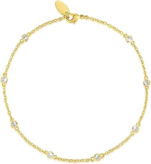 14K Gold Anklets for Women Non Tarnish 1/5 Carat Diamond Ankle Bracelet 14K Gold Ankle Bracelets for Women Waterproof Box Station Chain Design Jewelry for Women 9/10/11in
