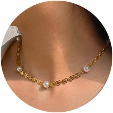 Pearl Necklace Love Heart Choker Link 18k Gold Infinite Elegant Forever Short Satellite Tiny Chain Dainty Cute Statement Valentine's Day Gift Handmade Vintage Jewelry for Women