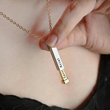 LUSSO Customized 925 Sterling Silver Engraved Bar Necklace For Women And Men, 14K Yellow Gold Or Rose Gold Custom Name Necklace Personalized Verticial Bar Necklace, Name Plate Necklaces
