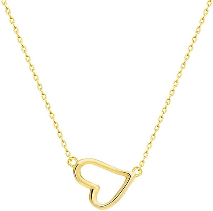 NewZenro Cute Open Heart 925 Sterling Silver Choker Necklace for Women Minimalist 14k Gold/Silver Plated Tiny Hollow Heart Love Necklaces Adjustabel Chain Fashion Jewelry Gifts 17.7"