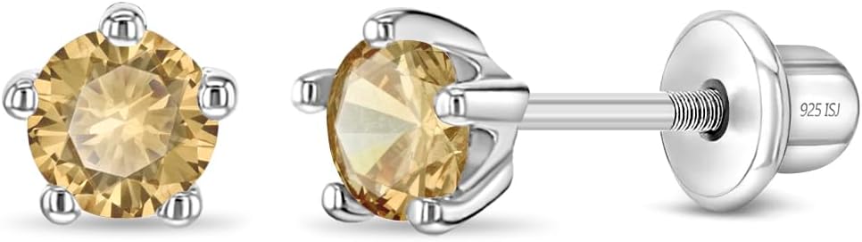 In Season Jewelry Solitaire Simulated Birthstone Kids Earrings - 925 Sterling Silver Hypoallergenic Earrings for Girls with Secure Screw Backs - Safe & Comfortable for Kids & Little Girls