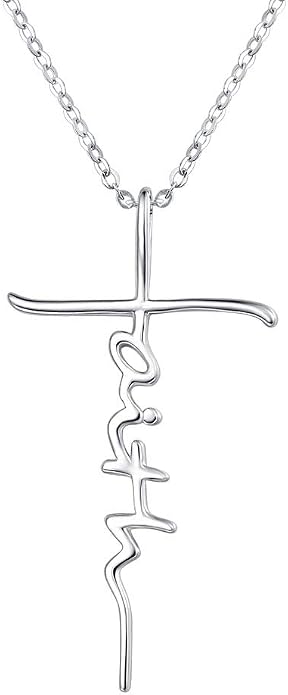 PRAYMOS Faith Cross Necklace for Women 925 Sterling Silver Pendant Necklace With Birthstone Initial Christian Religious Confirmation Baptism Mothers Day Gifts