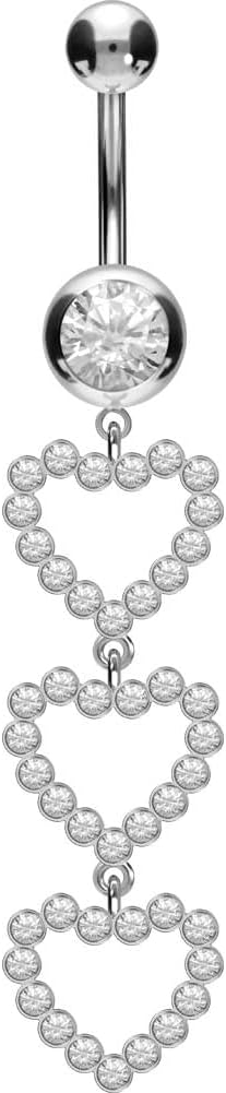 PIERCINGLINE Surgical Steel Belly Button Ring 3 Crystal Hearts - Belly Piercing Navel Piercing Jewelry in 3 stylish colors